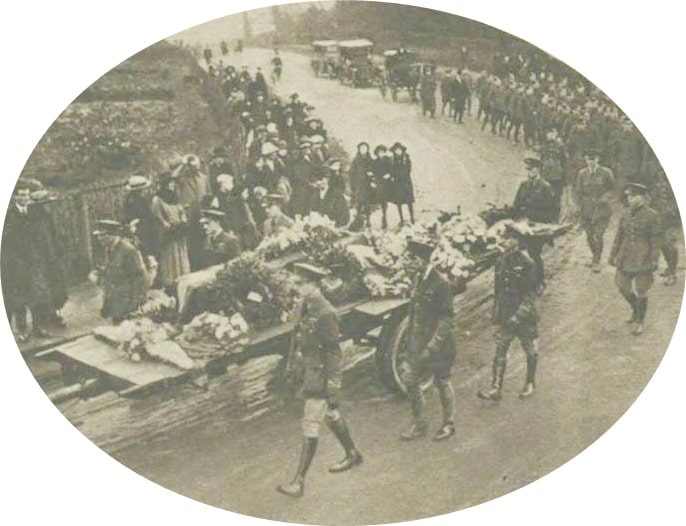 The Funeral cortege leaves Gordon Avenue, Williams coffin draped with the Union flag, is carried on an Air Force trailer to travel the short distance to All Saints churchyard.