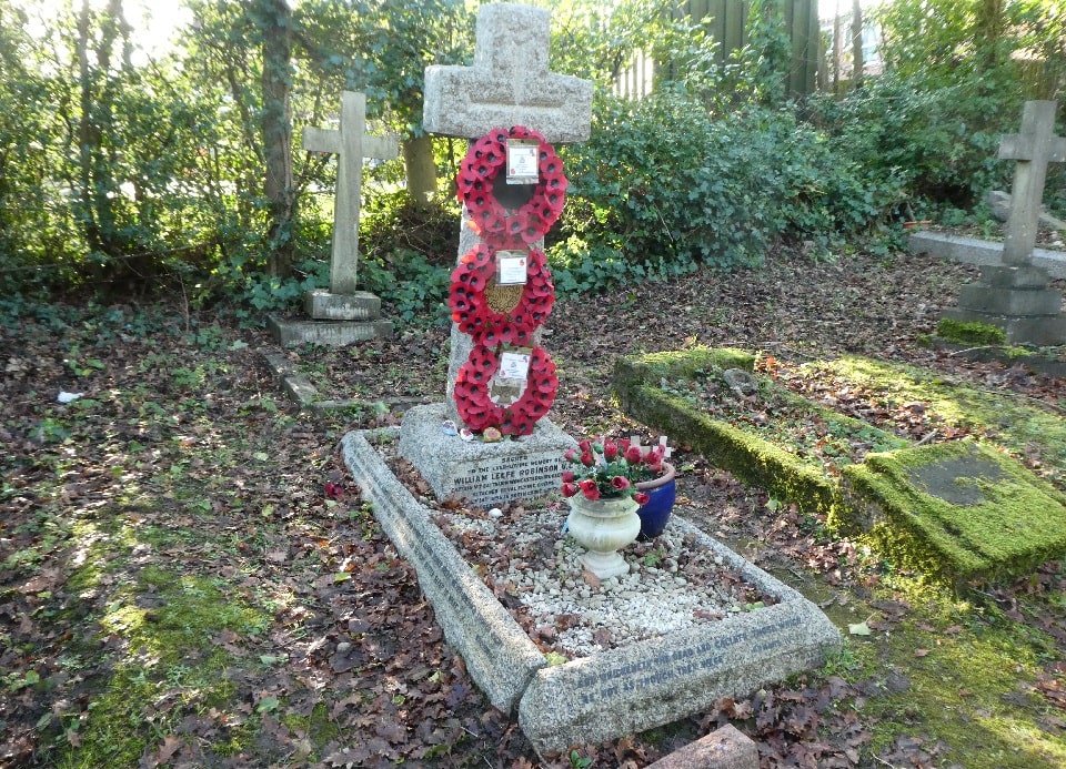 The Grave of William Leefe Robinson in a quiet corner of the All Saints’ Churchyard Extension.